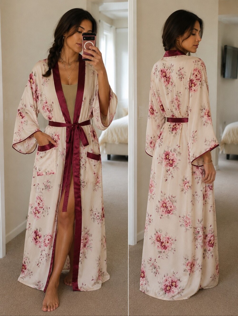 Smudj Floral Satin Trim Long Robe Large
